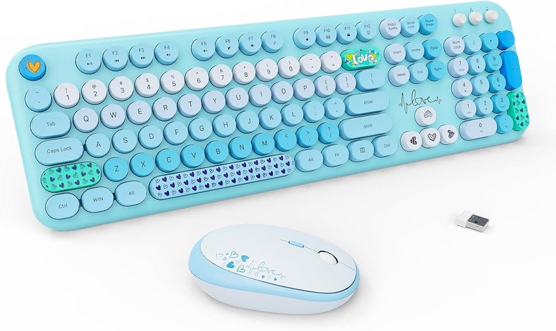 FOPETT Wireless Keyboard and Mouse Set, 104 Round Keys Full-Size Cute Colorful Keyboard and Mouse with Retro Typewriter for PC/Mac/Laptop/Tablet/Computer/Windows Blue - Image 1
